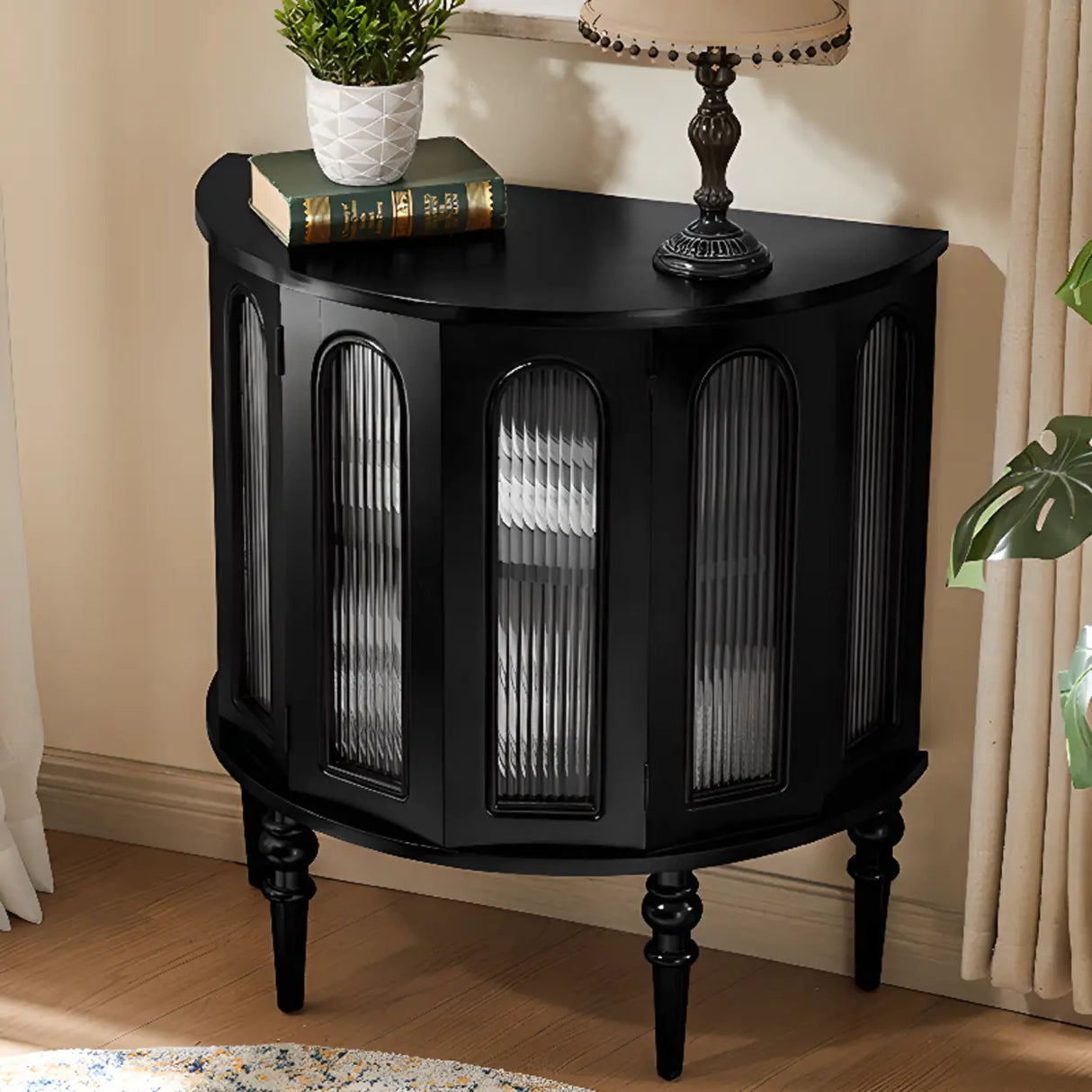 Storage Half Moon Wood Black Cabinet Console Table Image - 1
