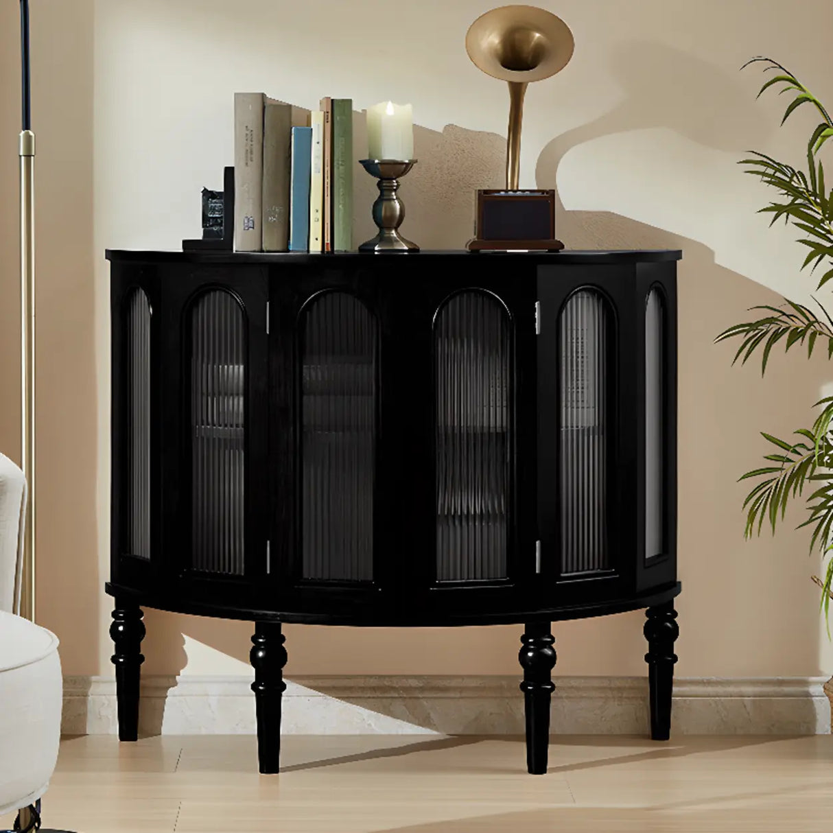 Storage Half Moon Wood Black Cabinet Console Table Image - 3