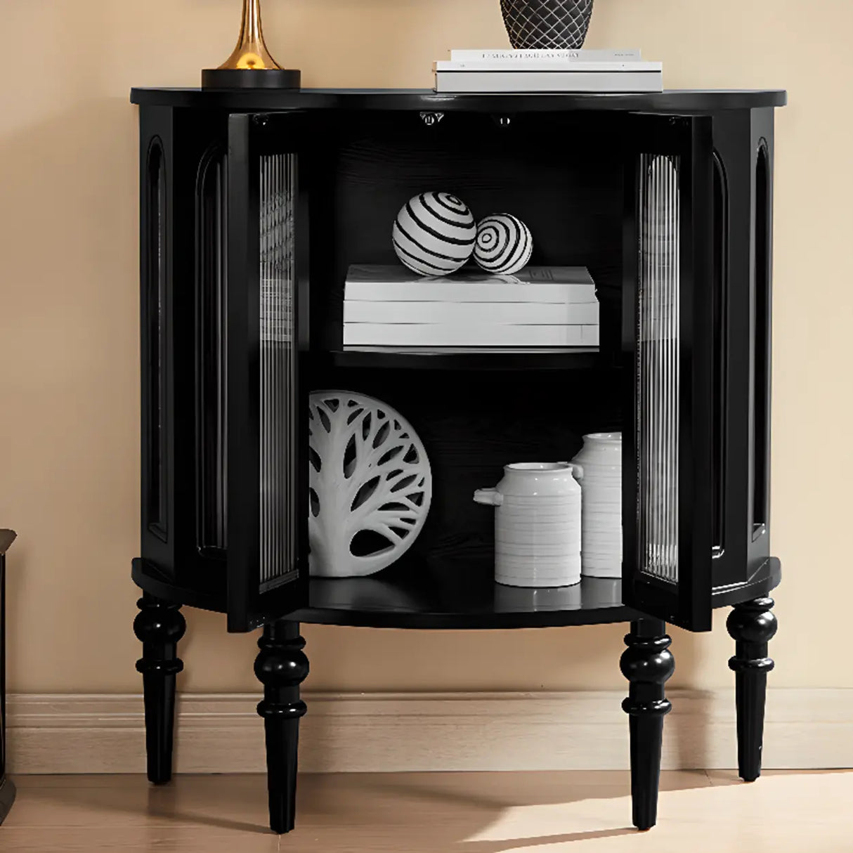 Storage Half Moon Wood Black Cabinet Console Table Image - 4