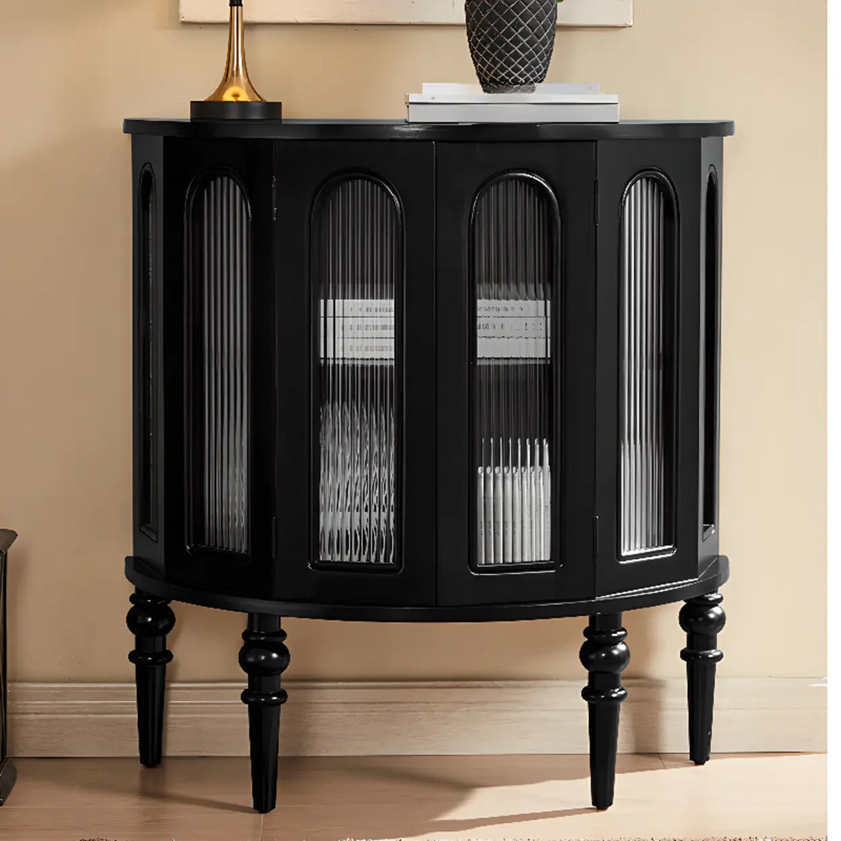 Storage Half Moon Wood Black Cabinet Console Table Image - 5