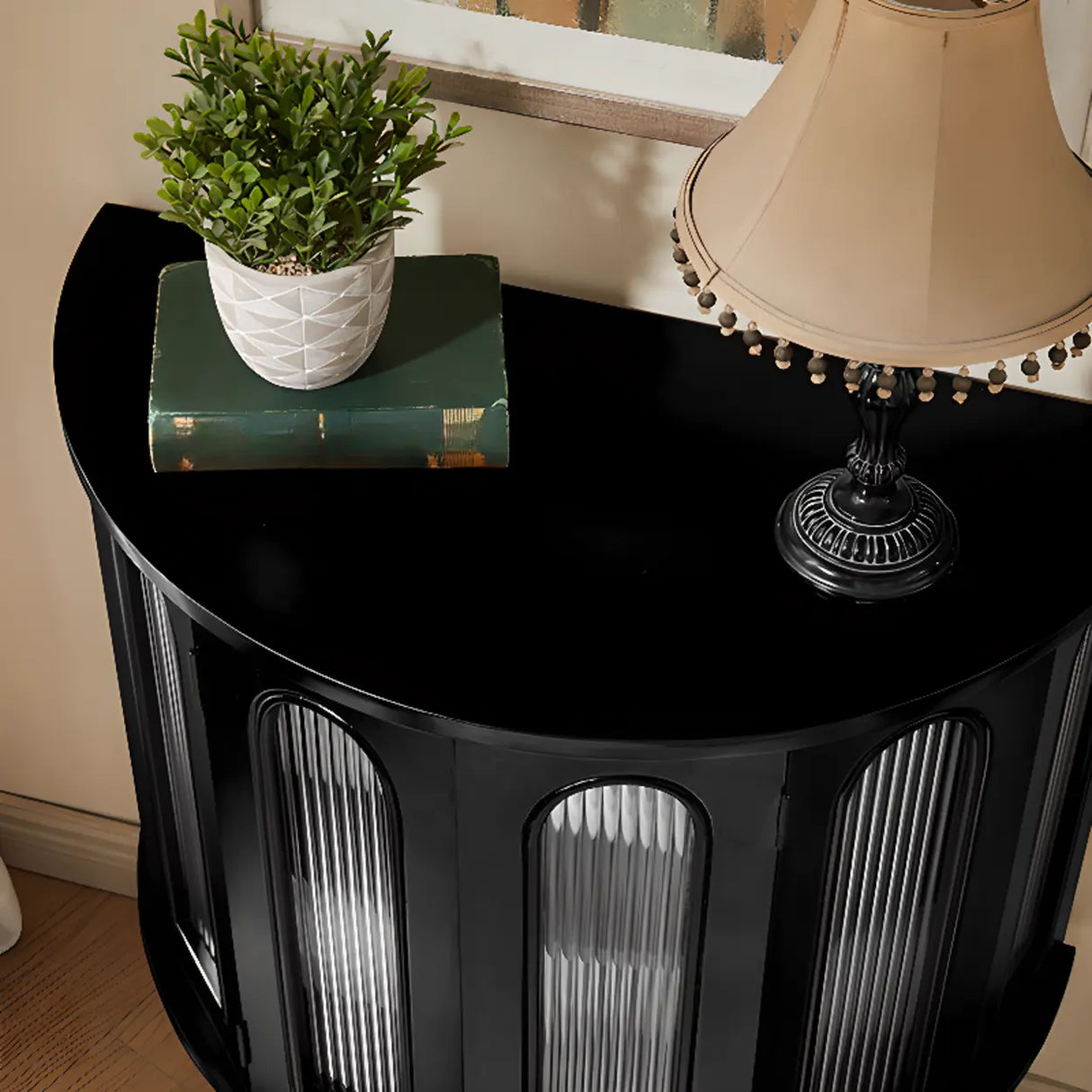 Storage Half Moon Wood Black Cabinet Console Table Image - 6