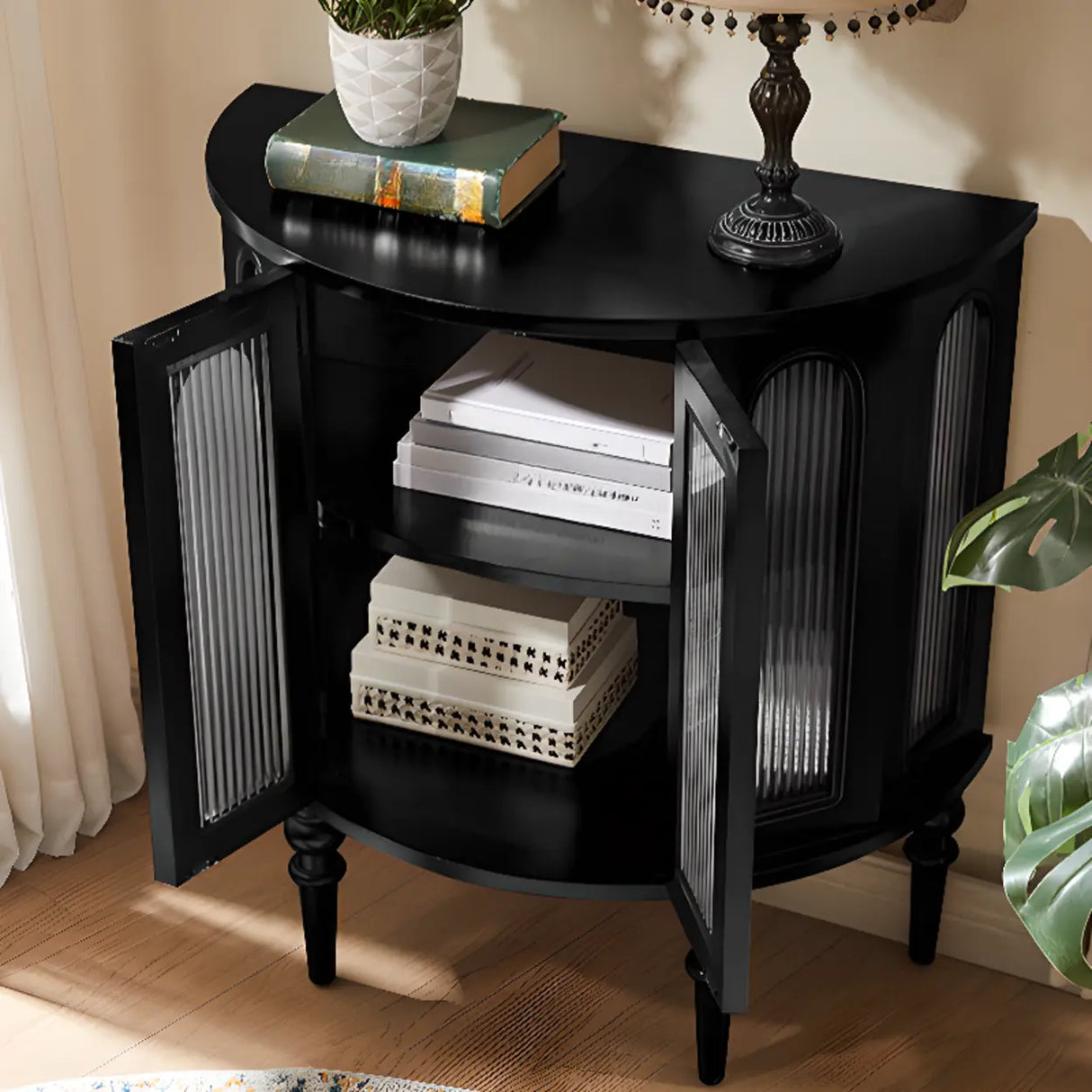 Storage Half Moon Wood Black Cabinet Console Table Image - 7