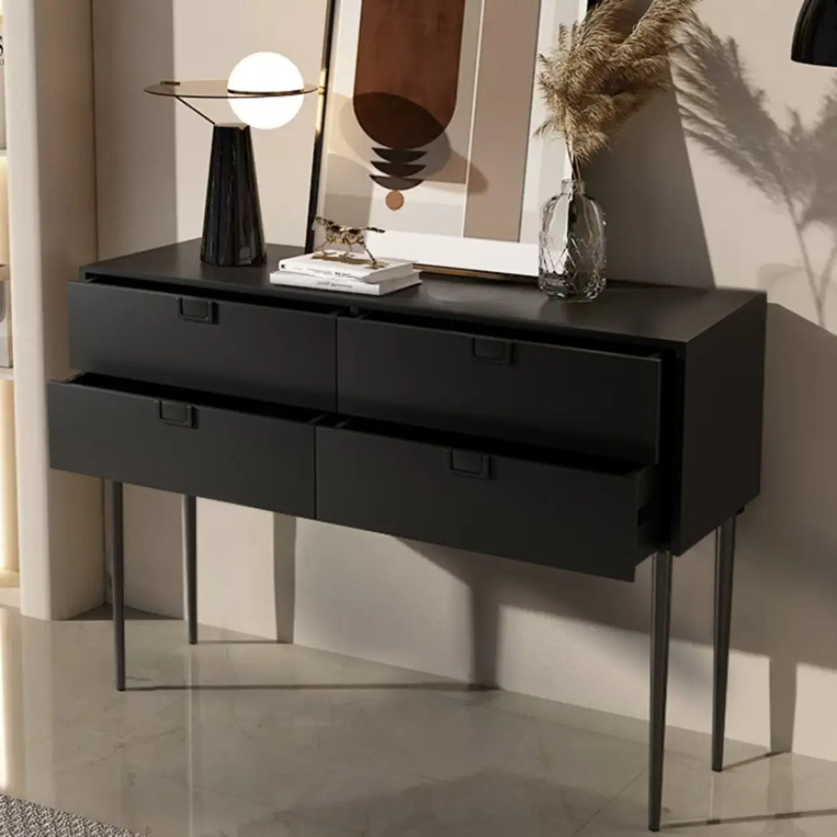 Storage Rectangle Wood Black Console Table with Drawer Image - 4