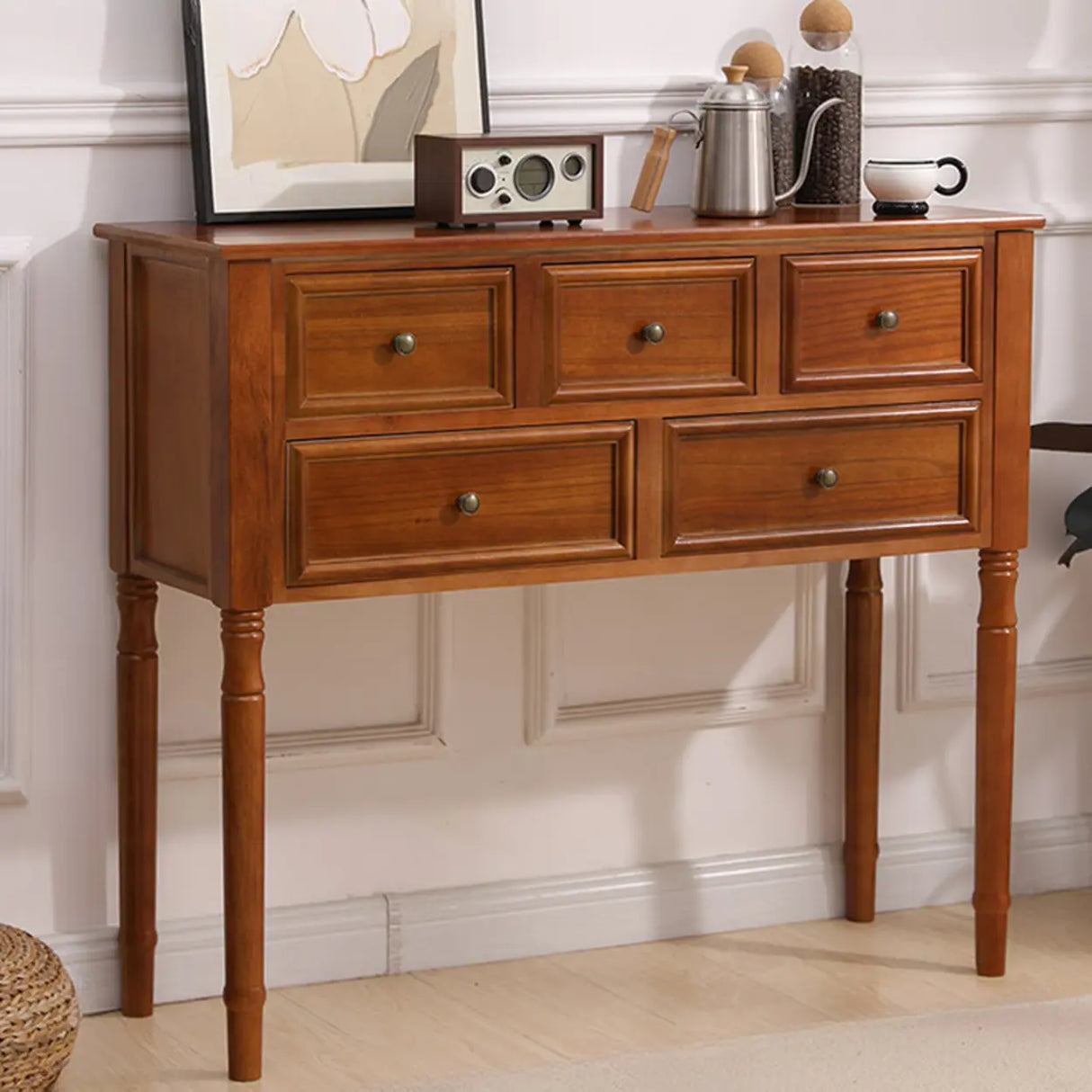 Storage Rectangular Wood Walnut Console Table with Drawers Image - 11