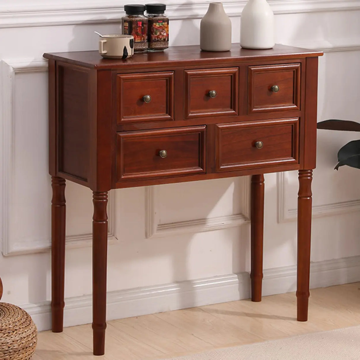 Storage Rectangular Wood Walnut Console Table with Drawers Image - 13