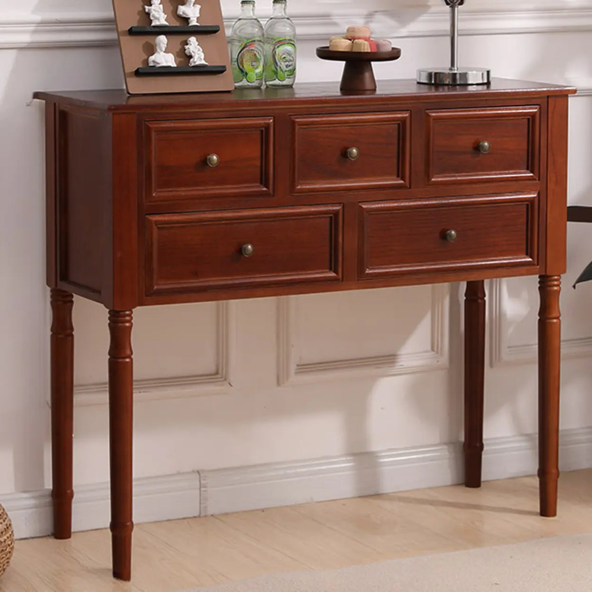 Storage Rectangular Wood Walnut Console Table with Drawers Image - 16