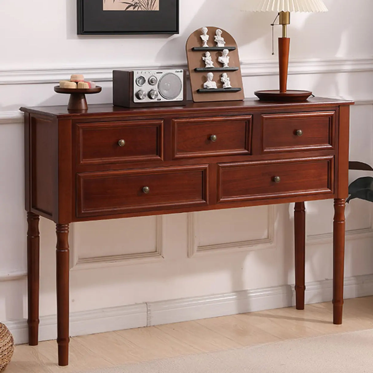 Storage Rectangular Wood Walnut Console Table with Drawers Image - 17