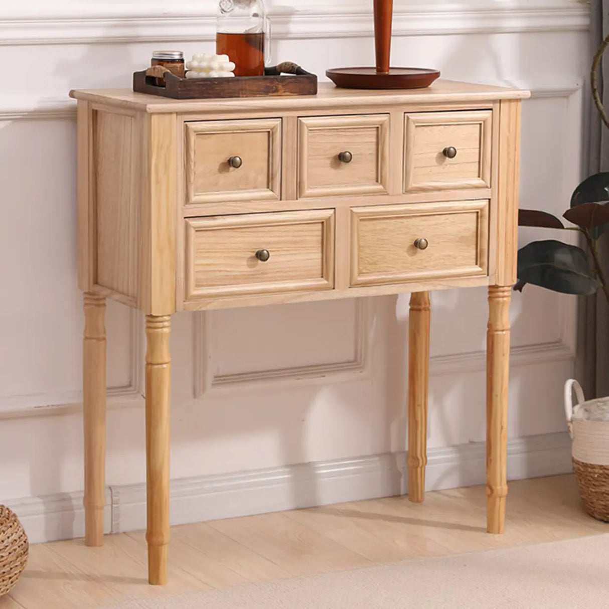 Storage Rectangular Wood Walnut Console Table with Drawers Image - 3