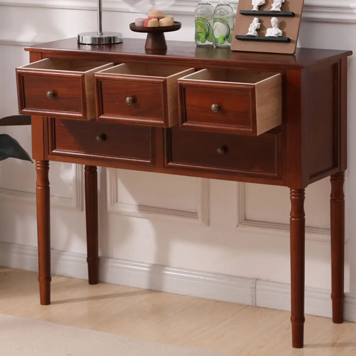 Storage Rectangular Wood Walnut Console Table with Drawers Image - 6