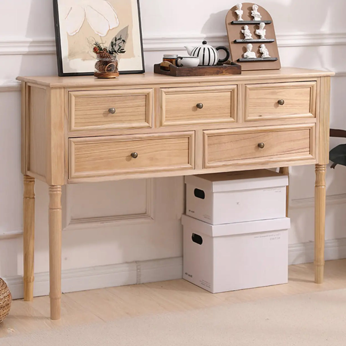 Storage Rectangular Wood Walnut Console Table with Drawers Image - 7