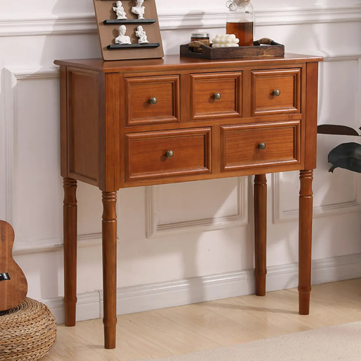 Storage Rectangular Wood Walnut Console Table with Drawers Image - 9