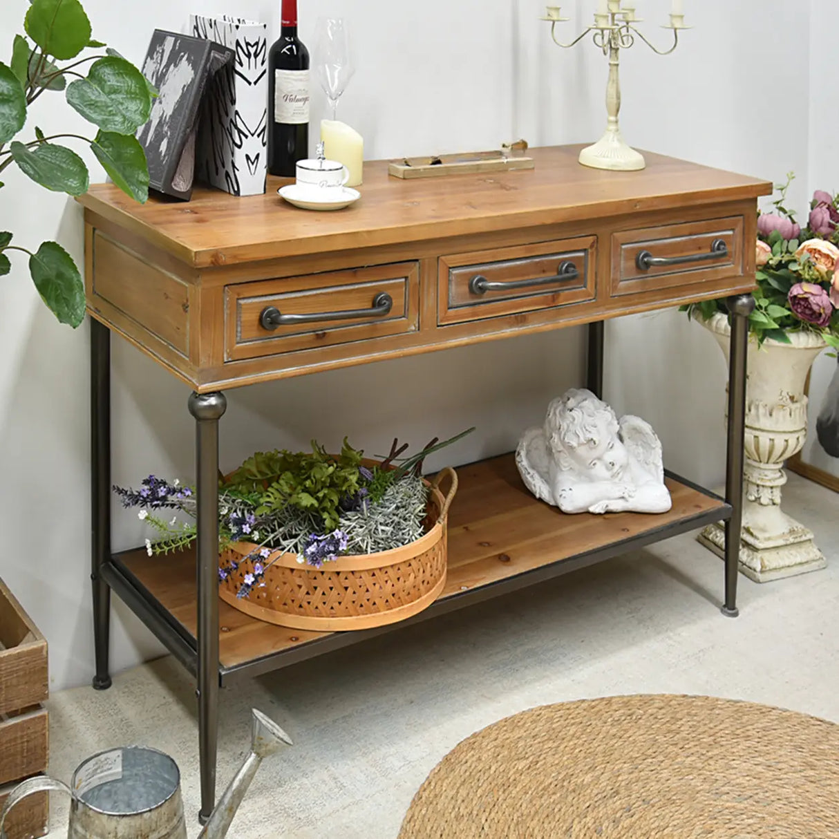 Storage Shelf Rustic Wood Brown Standard Console Table Image - 3