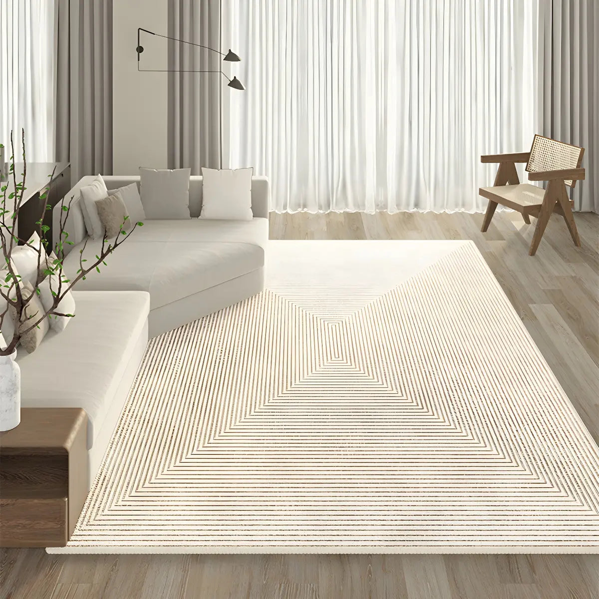 Stripe Rectangle Polyester Beige Living Room Area Rug Image - 3