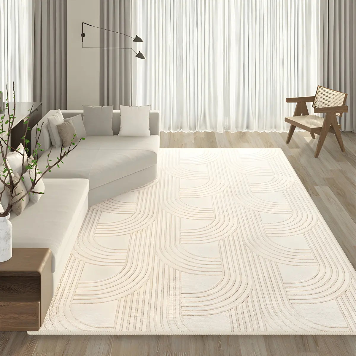 Stripe Rectangle Polyester Beige Living Room Area Rug Image - 6
