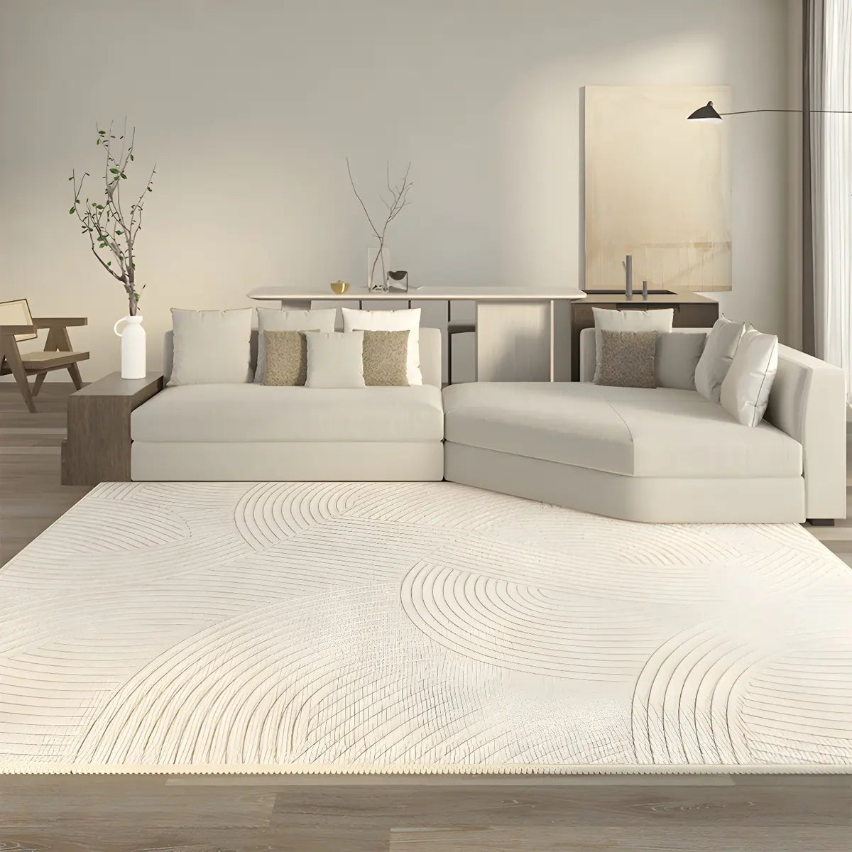 Stripe Rectangle Polyester Beige Living Room Area Rug Image - 8