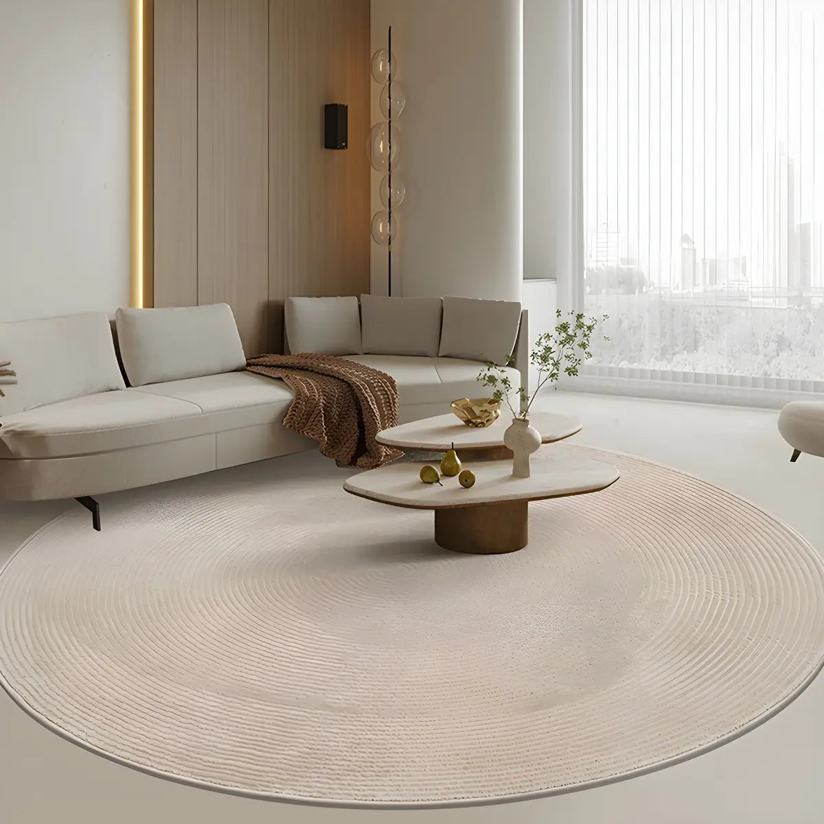 Striped Modern Round Beige Polyester Medium Area Rug Image - 10