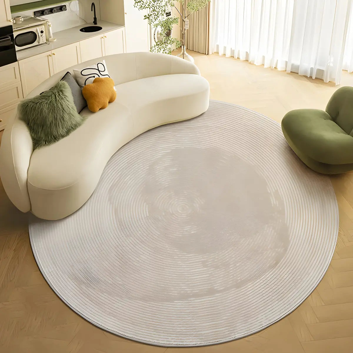 Striped Modern Round Beige Polyester Medium Area Rug Image - 12