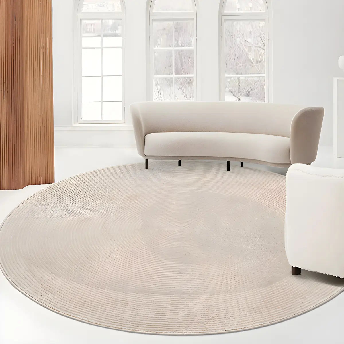 Striped Modern Round Beige Polyester Medium Area Rug Image - 14