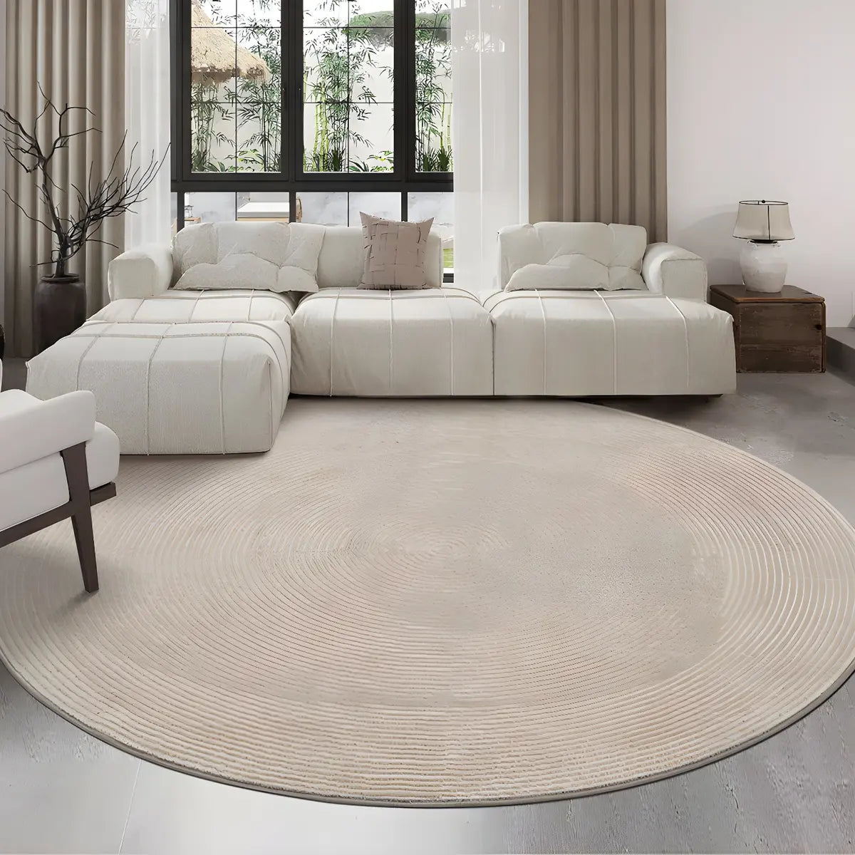 Striped Modern Round Beige Polyester Medium Area Rug Image - 1