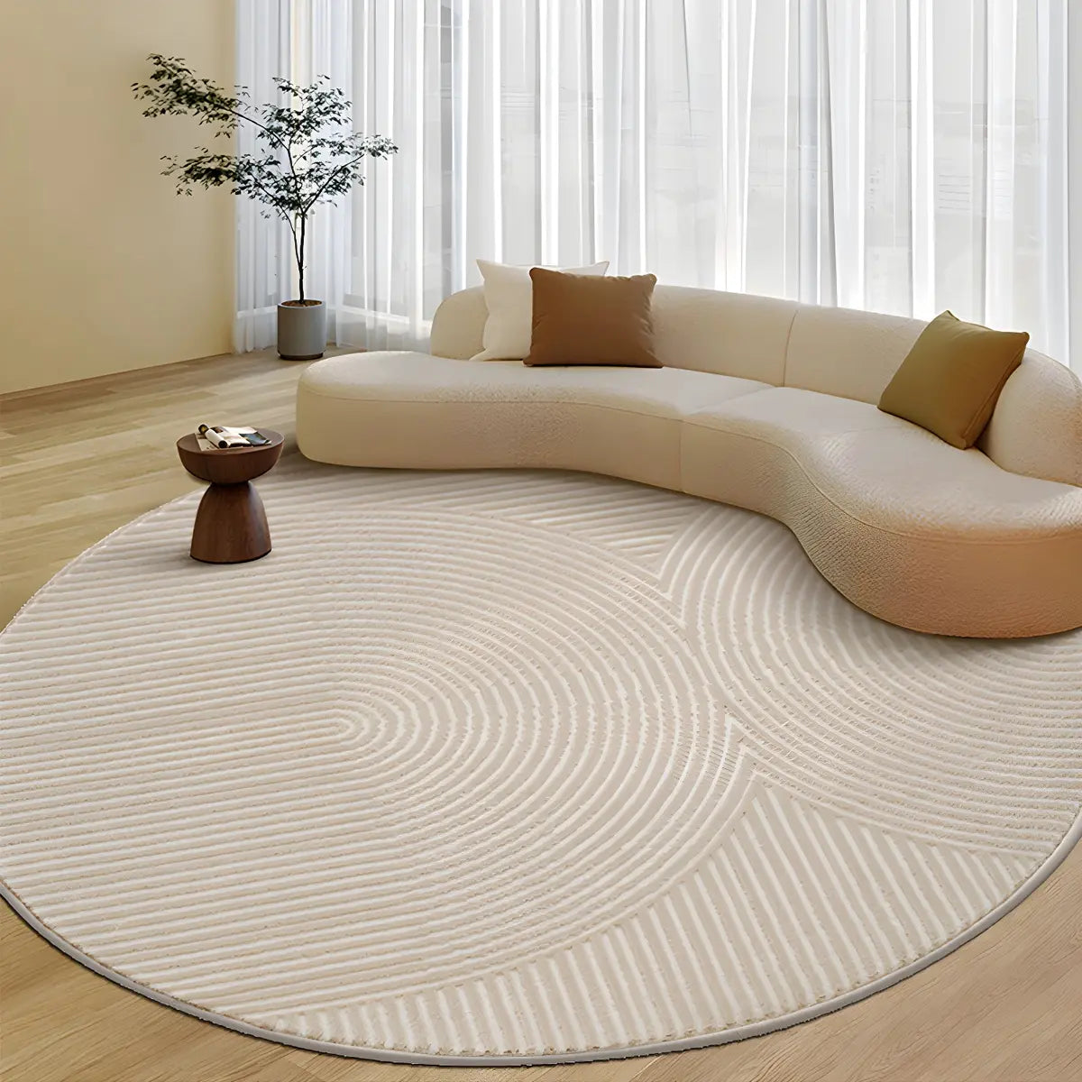 Striped Modern Round Beige Polyester Medium Area Rug Image - 2