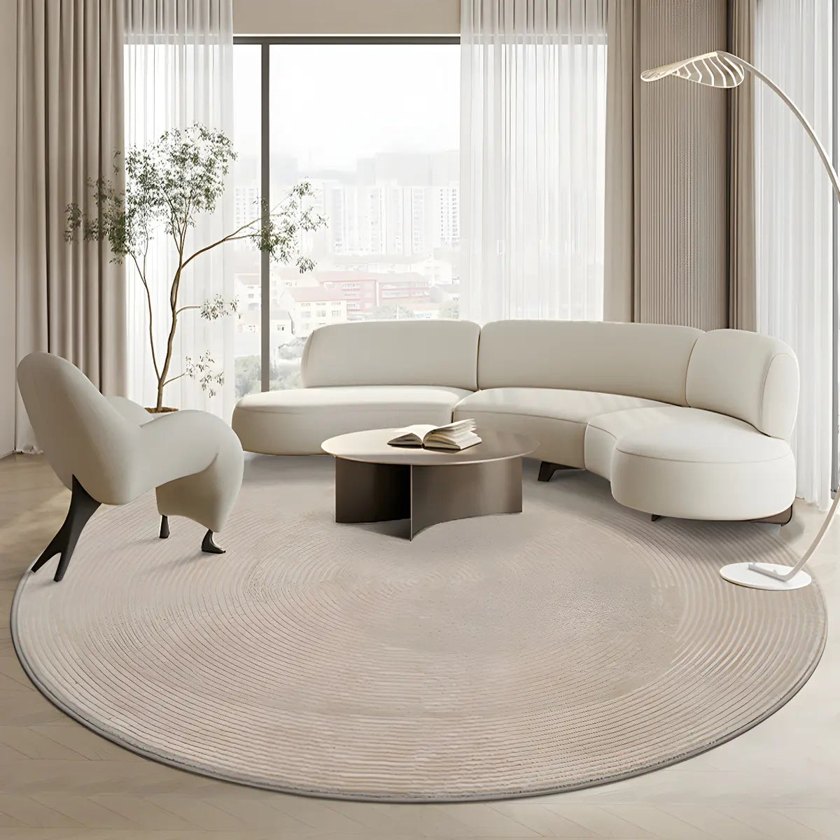 Striped Modern Round Beige Polyester Medium Area Rug Image - 3