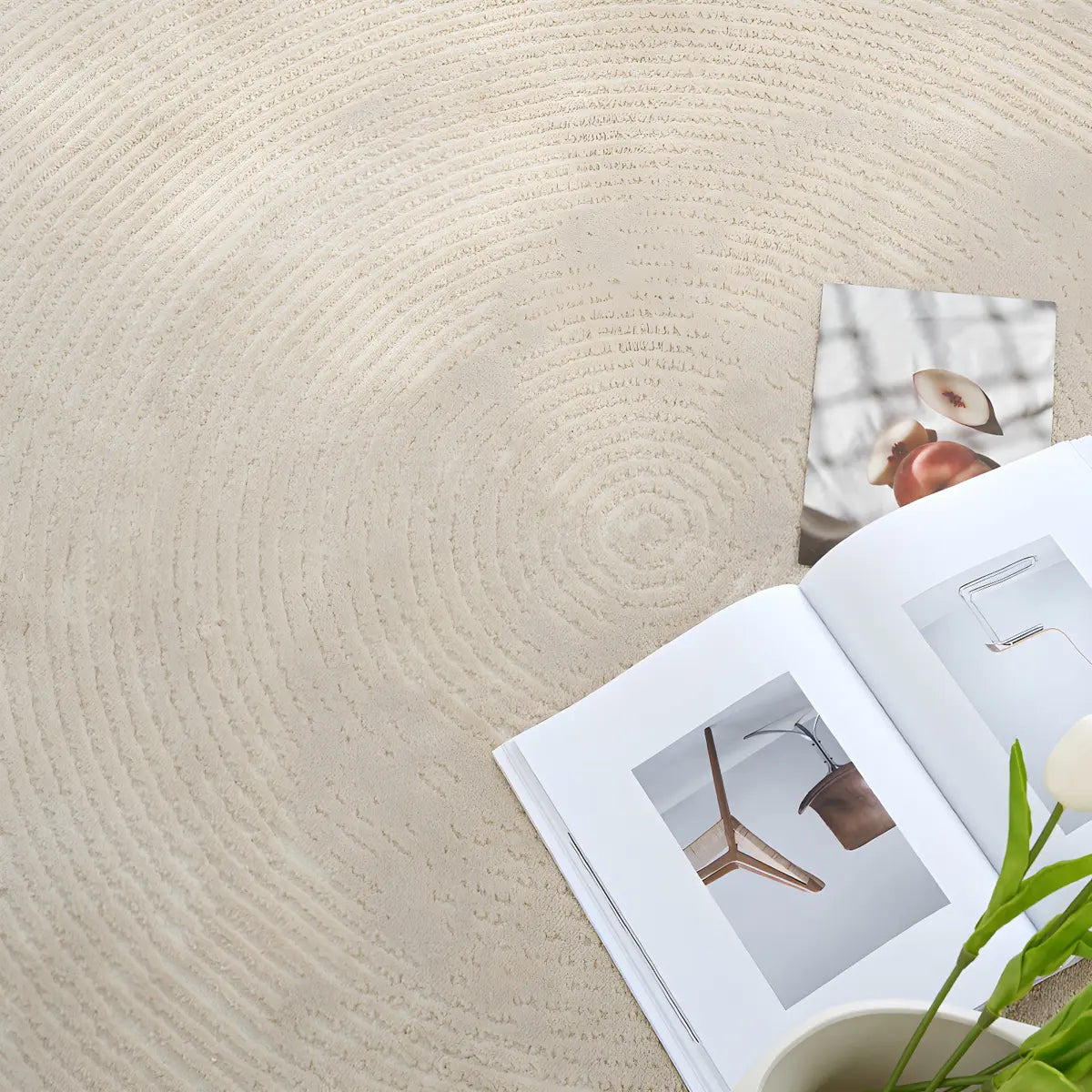 Striped Modern Round Beige Polyester Medium Area Rug Image - 6