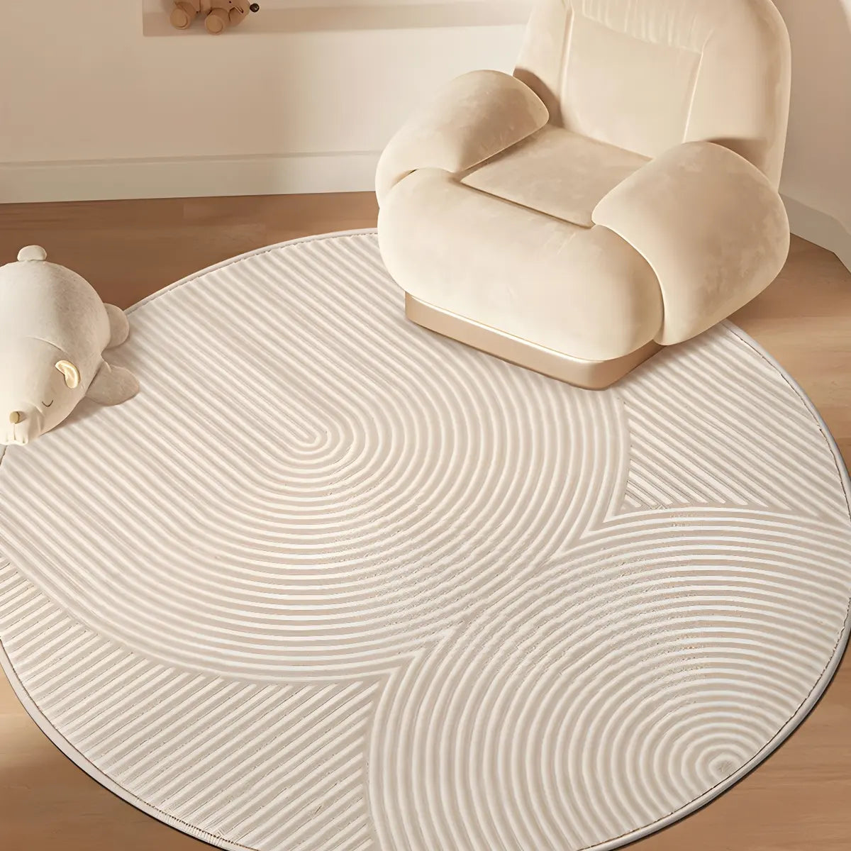Striped Modern Round Beige Polyester Medium Area Rug Image - 9