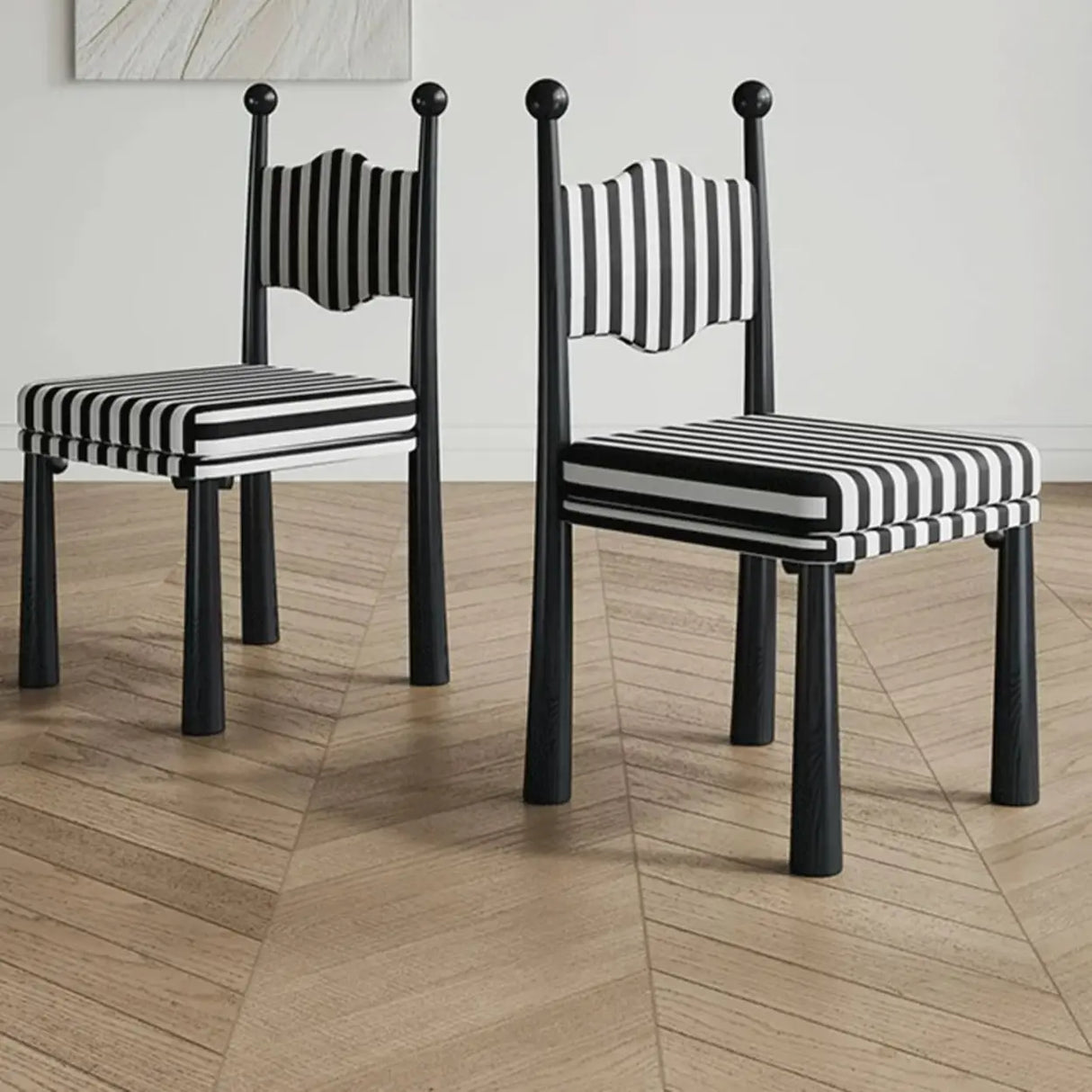 Striped Upholstered Wood Open Back Dining Side Chair Image - 1