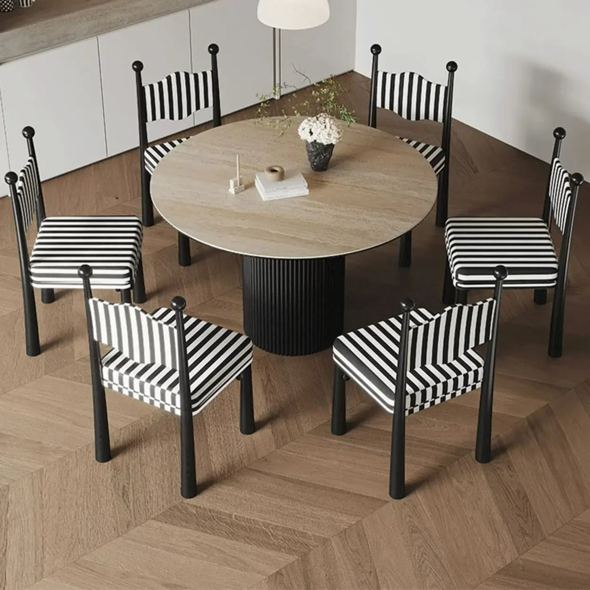 Striped Upholstered Wood Open Back Dining Side Chair Image - 3