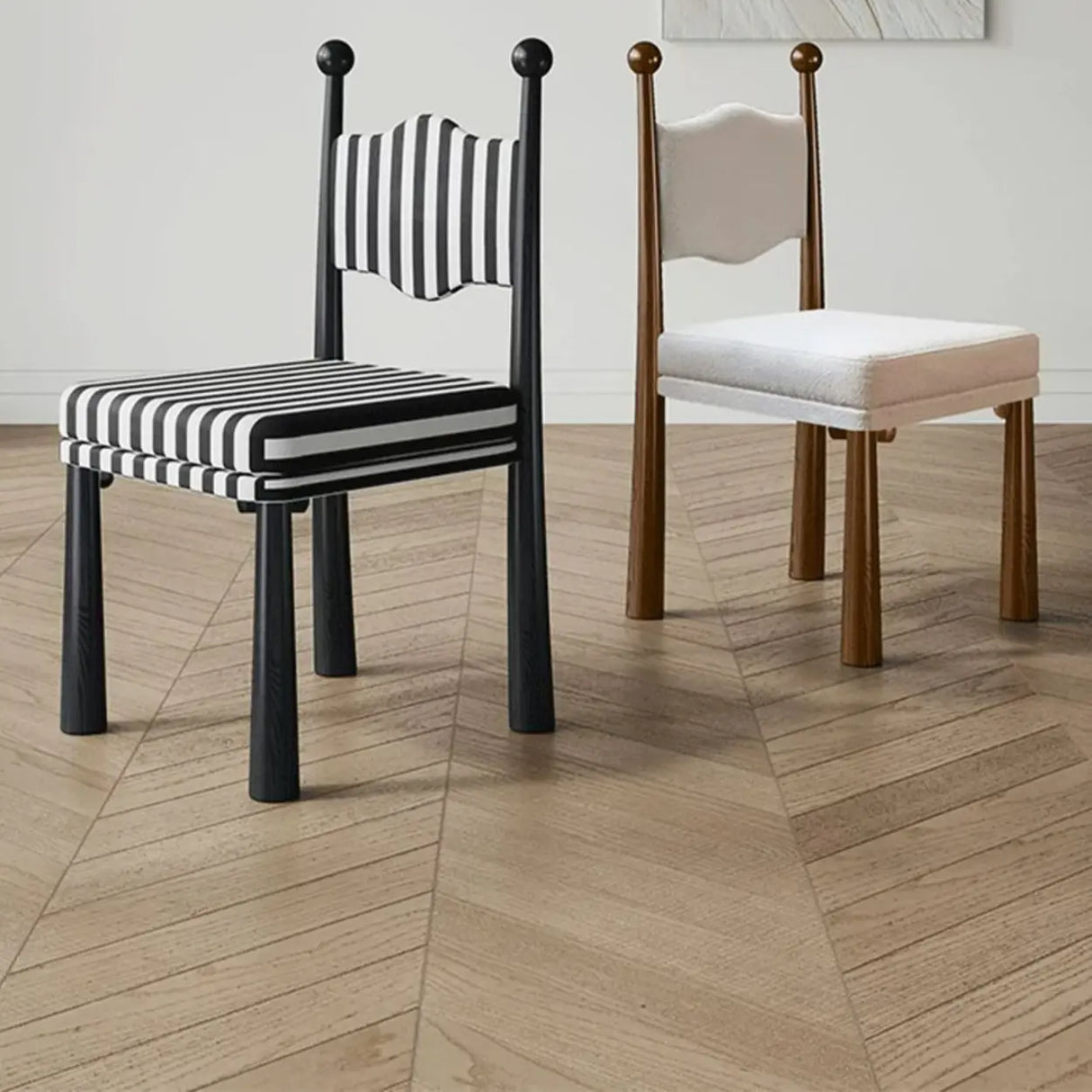 Striped Upholstered Wood Open Back Dining Side Chair Image - 4