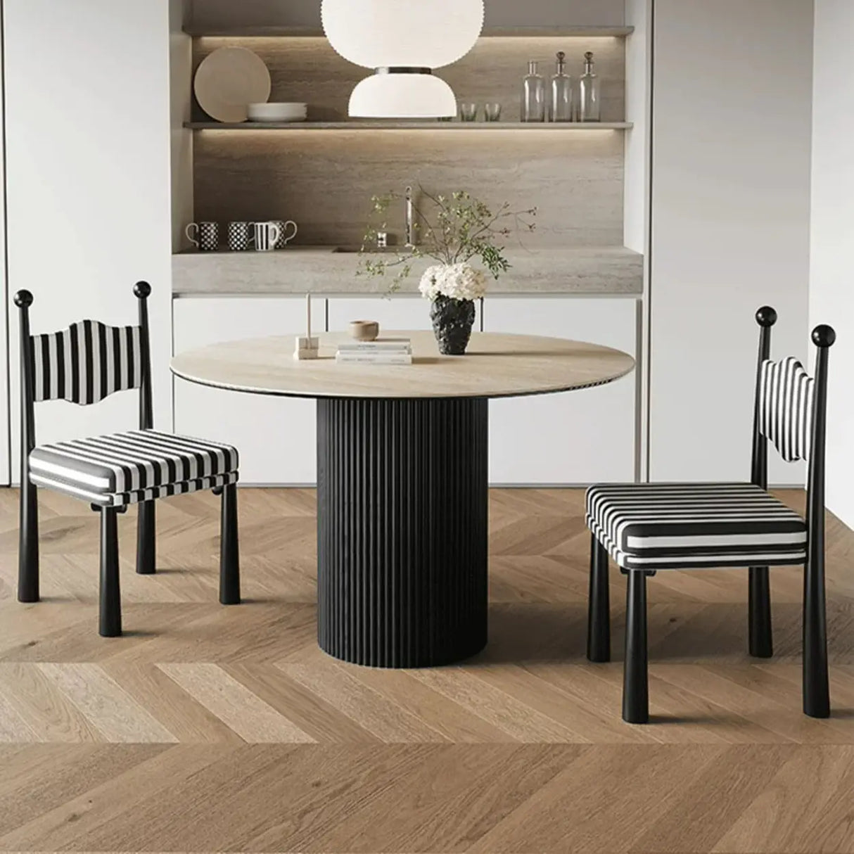 Striped Upholstered Wood Open Back Dining Side Chair Image - 5