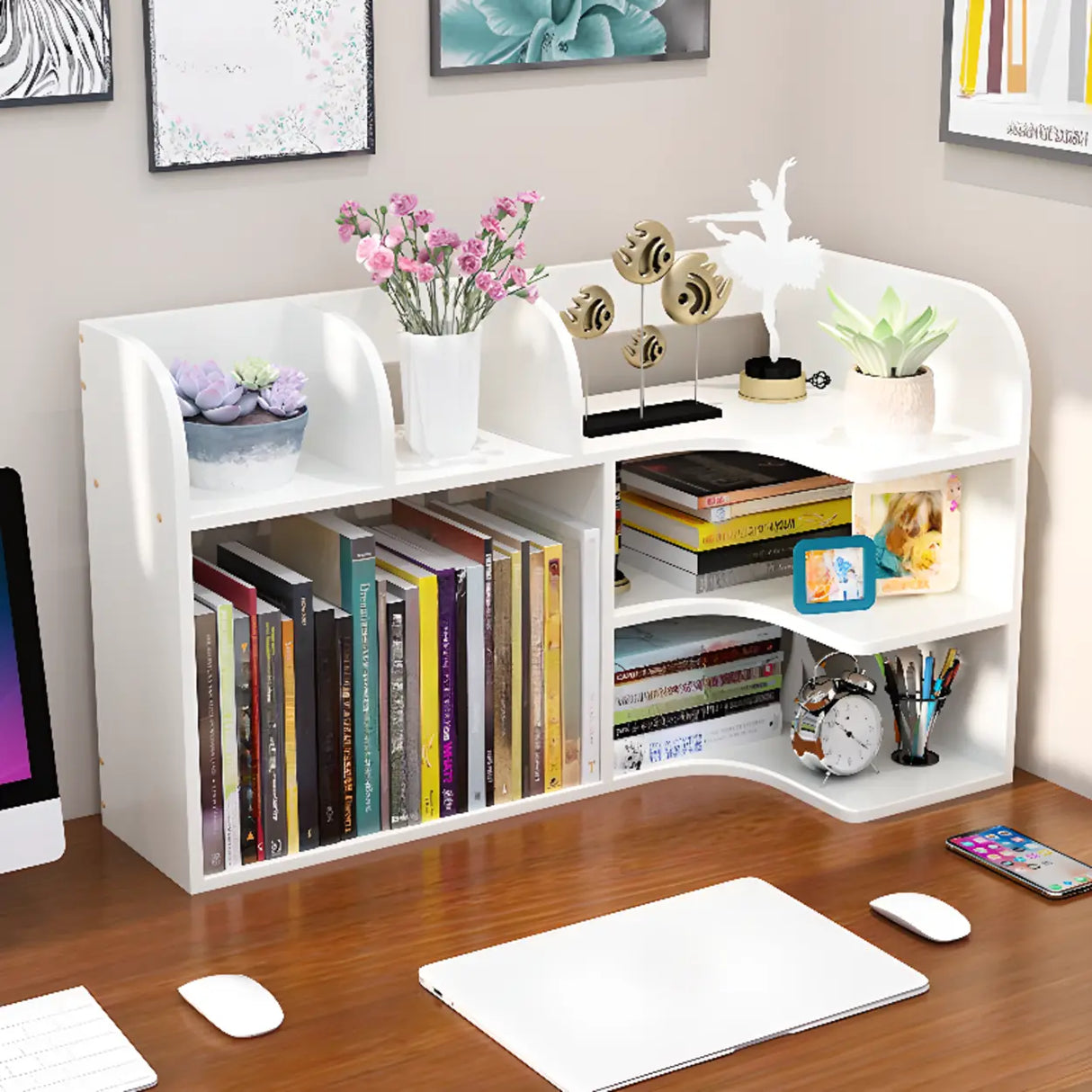 Stylish 3 Tiers Desktop Shelf Storage Bookshelf White Image - 1