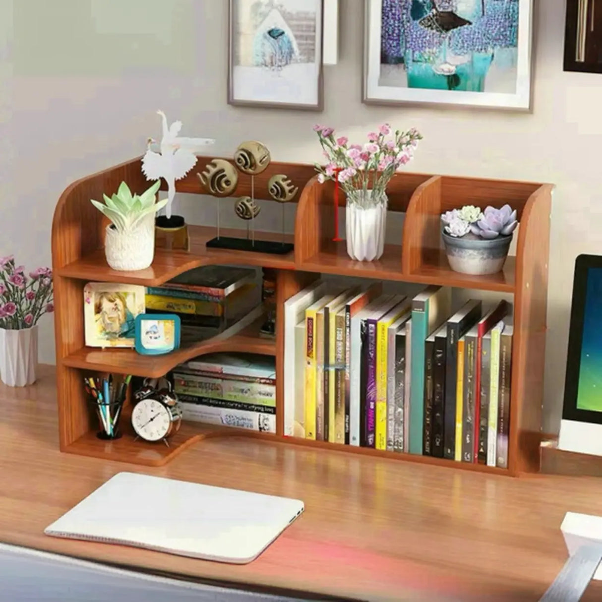 Stylish 3 Tiers Desktop Shelf Storage Bookshelf White Image - 12