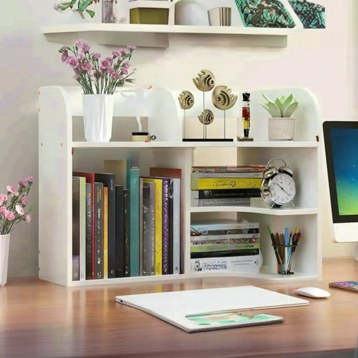 Stylish 3 Tiers Desktop Shelf Storage Bookshelf White Image - 14