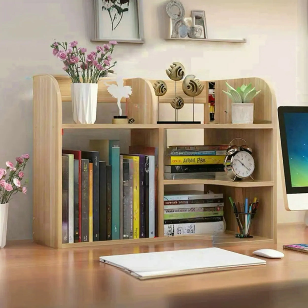 Stylish 3 Tiers Desktop Shelf Storage Bookshelf White Image - 15