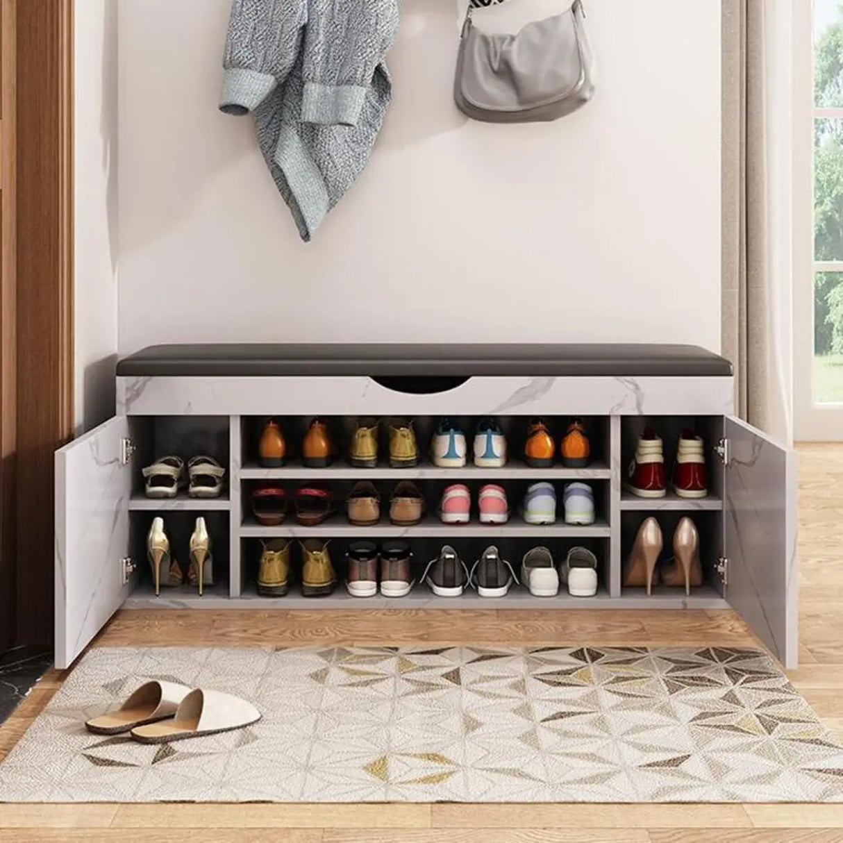 Stylish Adjustable Marble Hallway White Shoe Storage Bench Image - 19