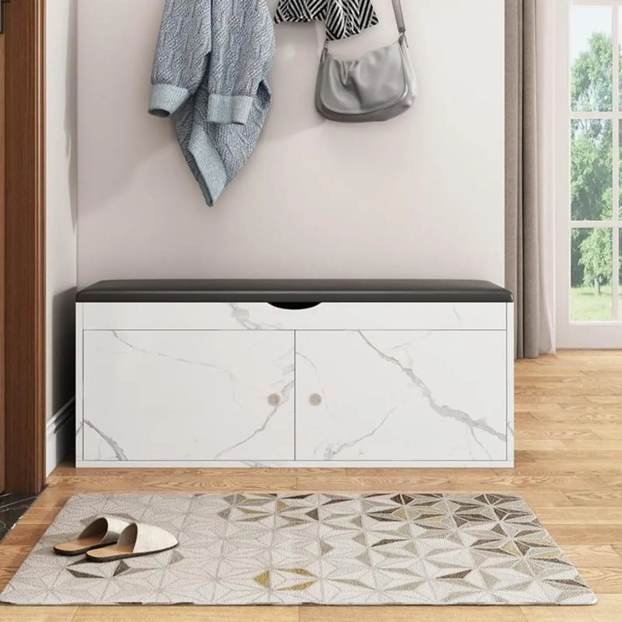 Stylish Adjustable Marble Hallway White Shoe Storage Bench Image - 1