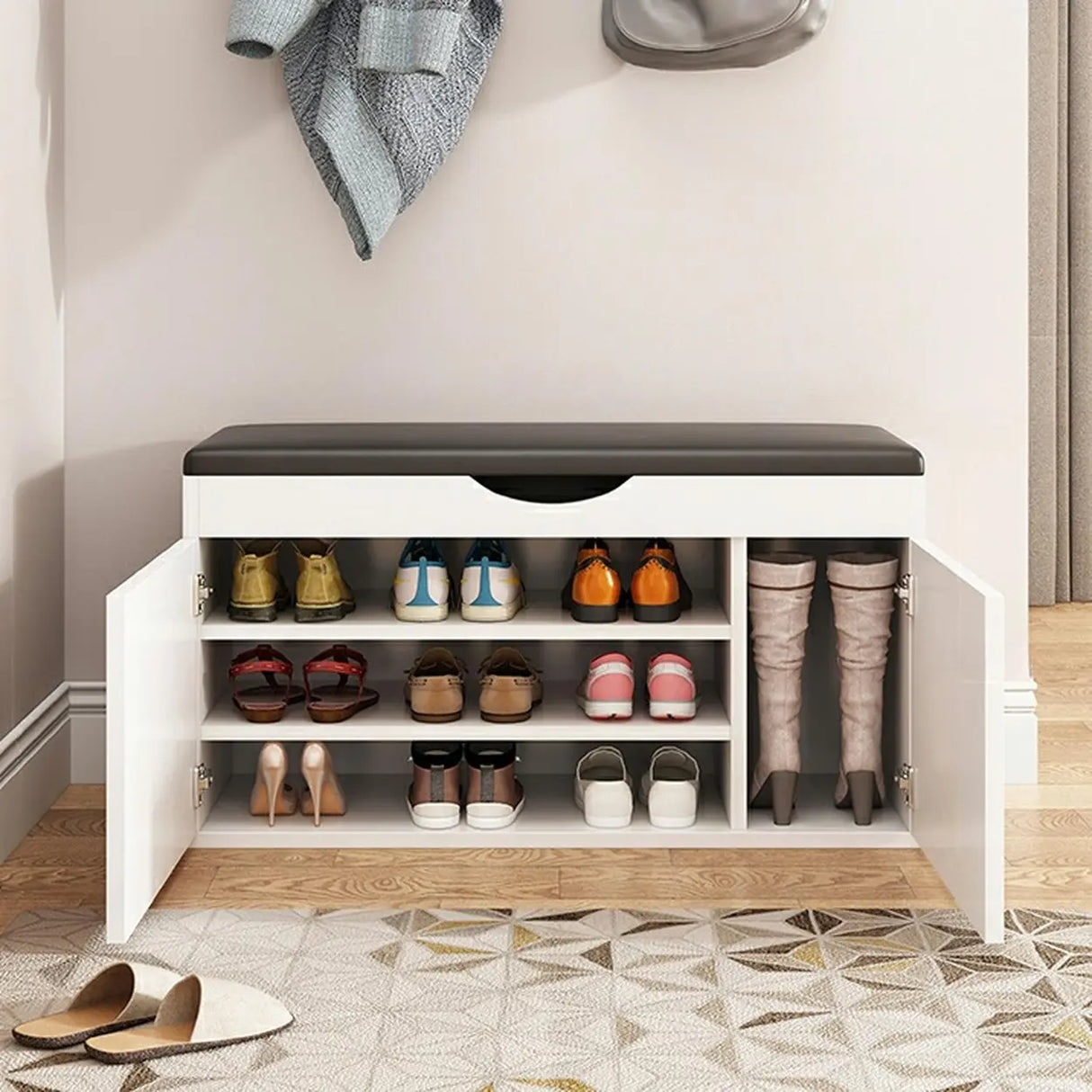 Stylish Adjustable Marble Hallway White Shoe Storage Bench Image - 20