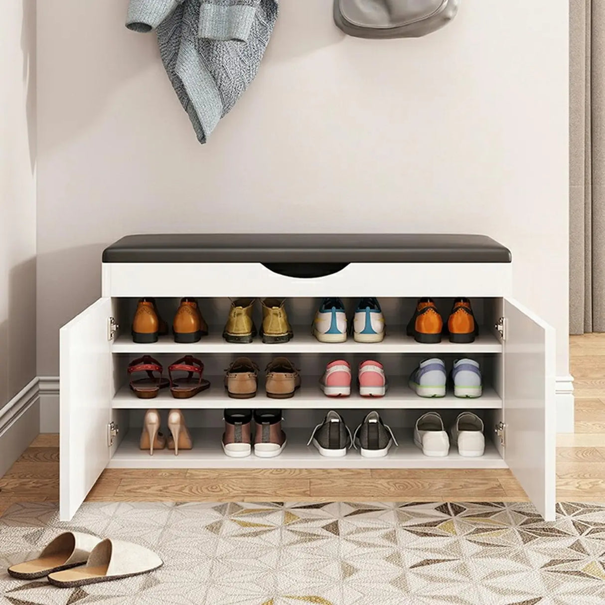 Stylish Adjustable Marble Hallway White Shoe Storage Bench Image - 21