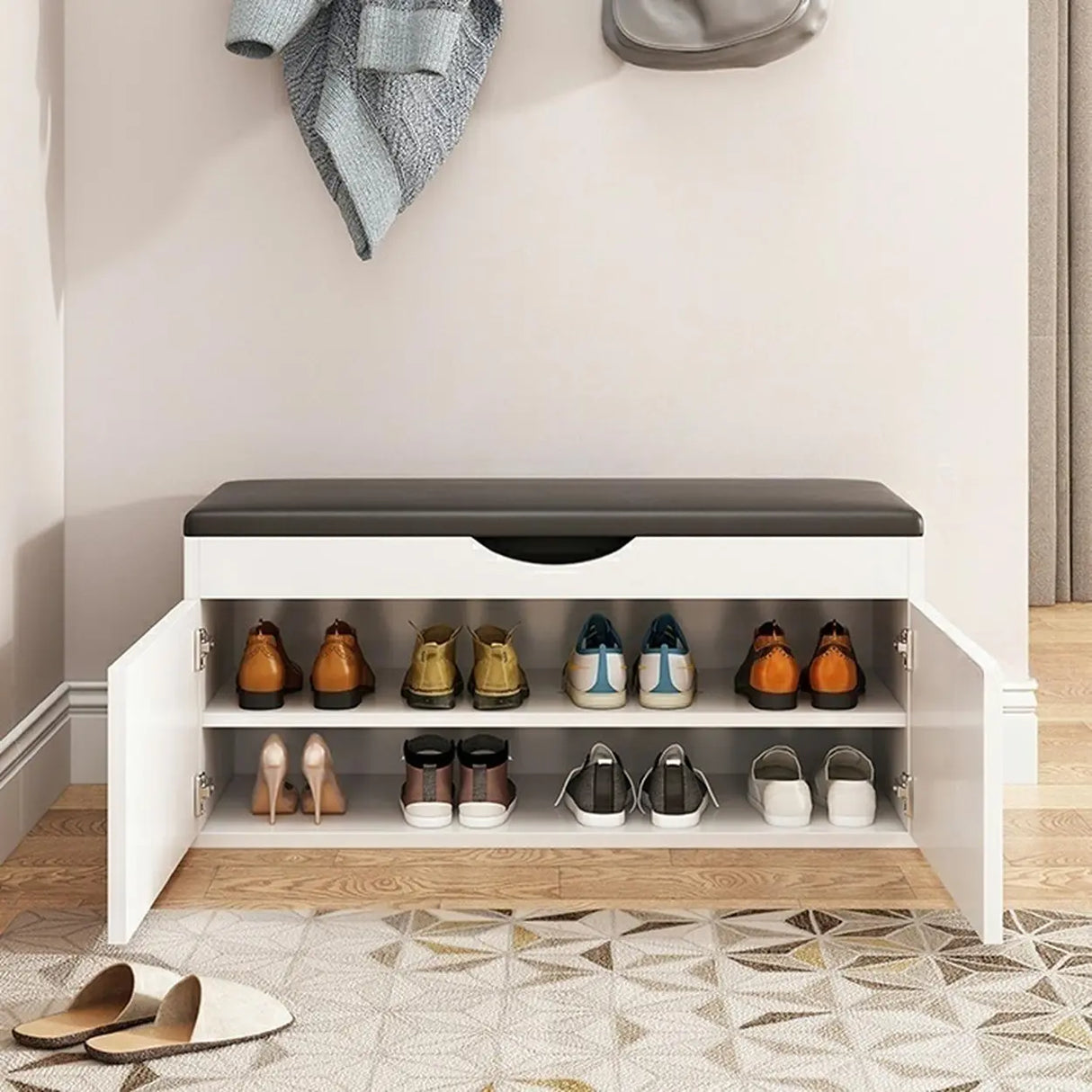Stylish Adjustable Marble Hallway White Shoe Storage Bench Image - 22