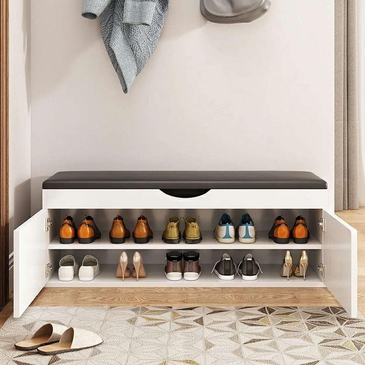 Stylish Adjustable Marble Hallway White Shoe Storage Bench Image - 23