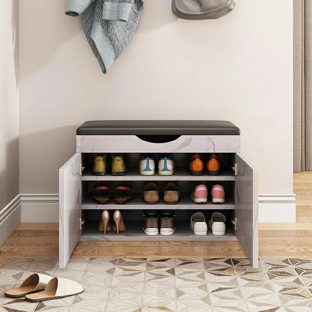 Stylish Adjustable Marble Hallway White Shoe Storage Bench Image - 24