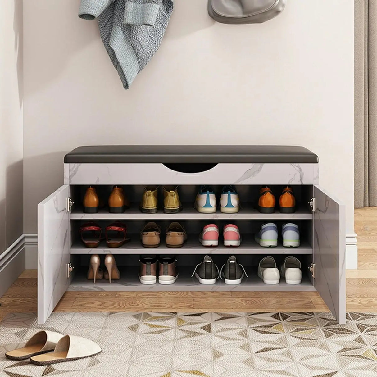 Stylish Adjustable Marble Hallway White Shoe Storage Bench Image - 25