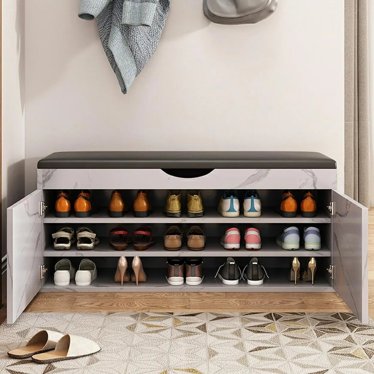 Stylish Adjustable Marble Hallway White Shoe Storage Bench Image - 26