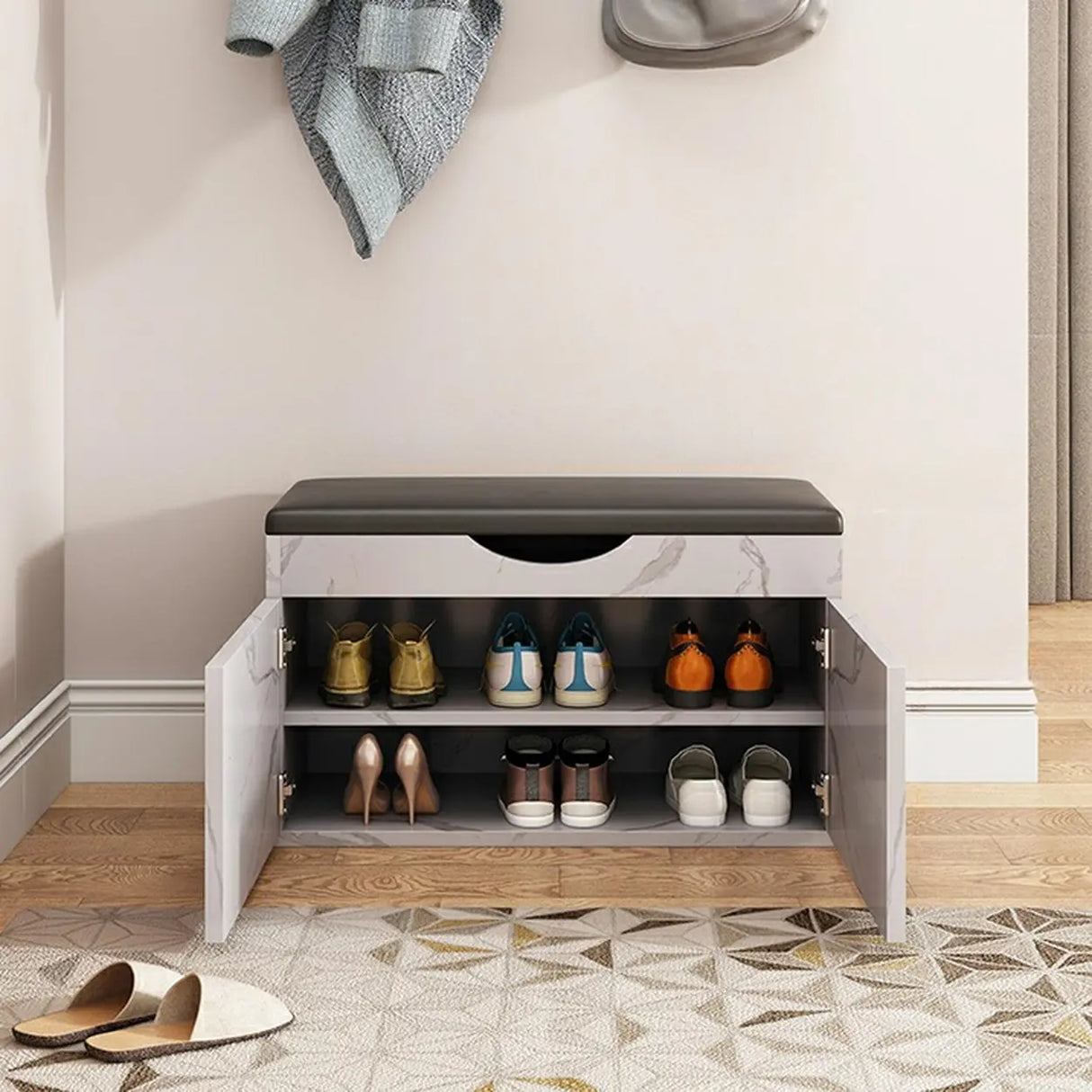 Stylish Adjustable Marble Hallway White Shoe Storage Bench Image - 27