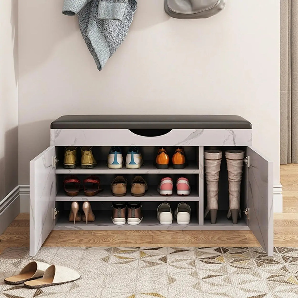 Stylish Adjustable Marble Hallway White Shoe Storage Bench Image - 28