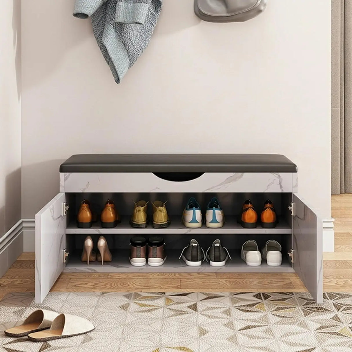 Stylish Adjustable Marble Hallway White Shoe Storage Bench Image - 29