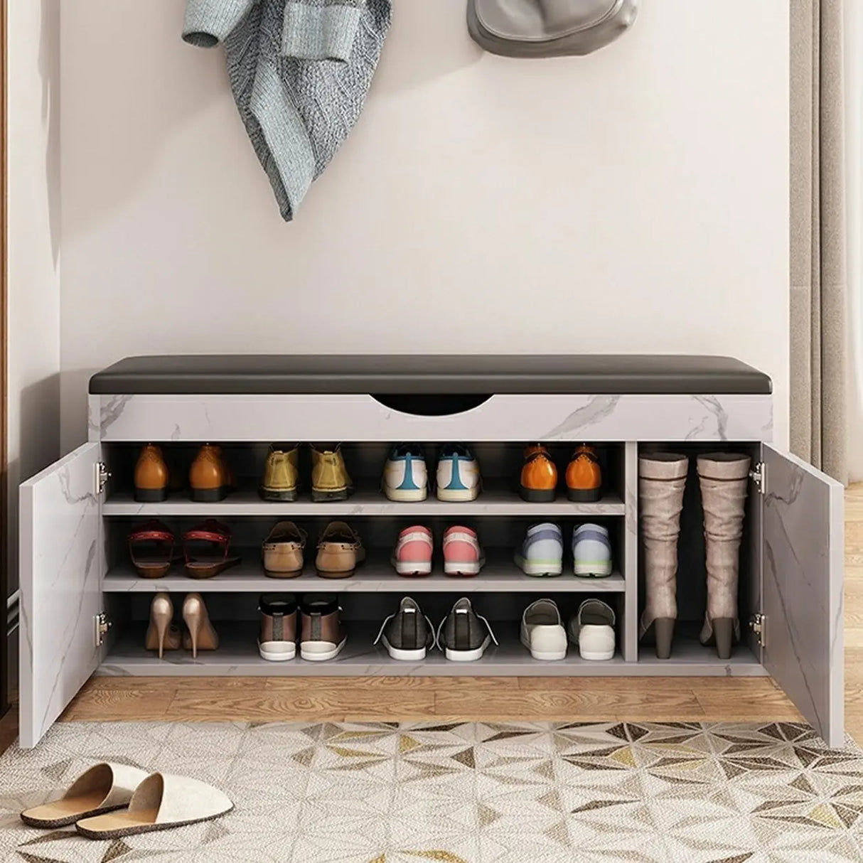 Stylish Adjustable Marble Hallway White Shoe Storage Bench Image - 30