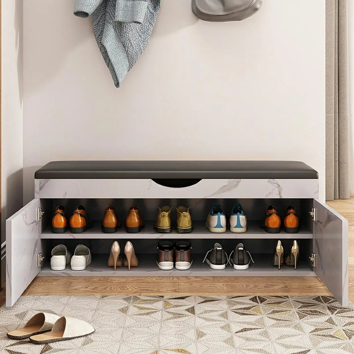 Stylish Adjustable Marble Hallway White Shoe Storage Bench Image - 31