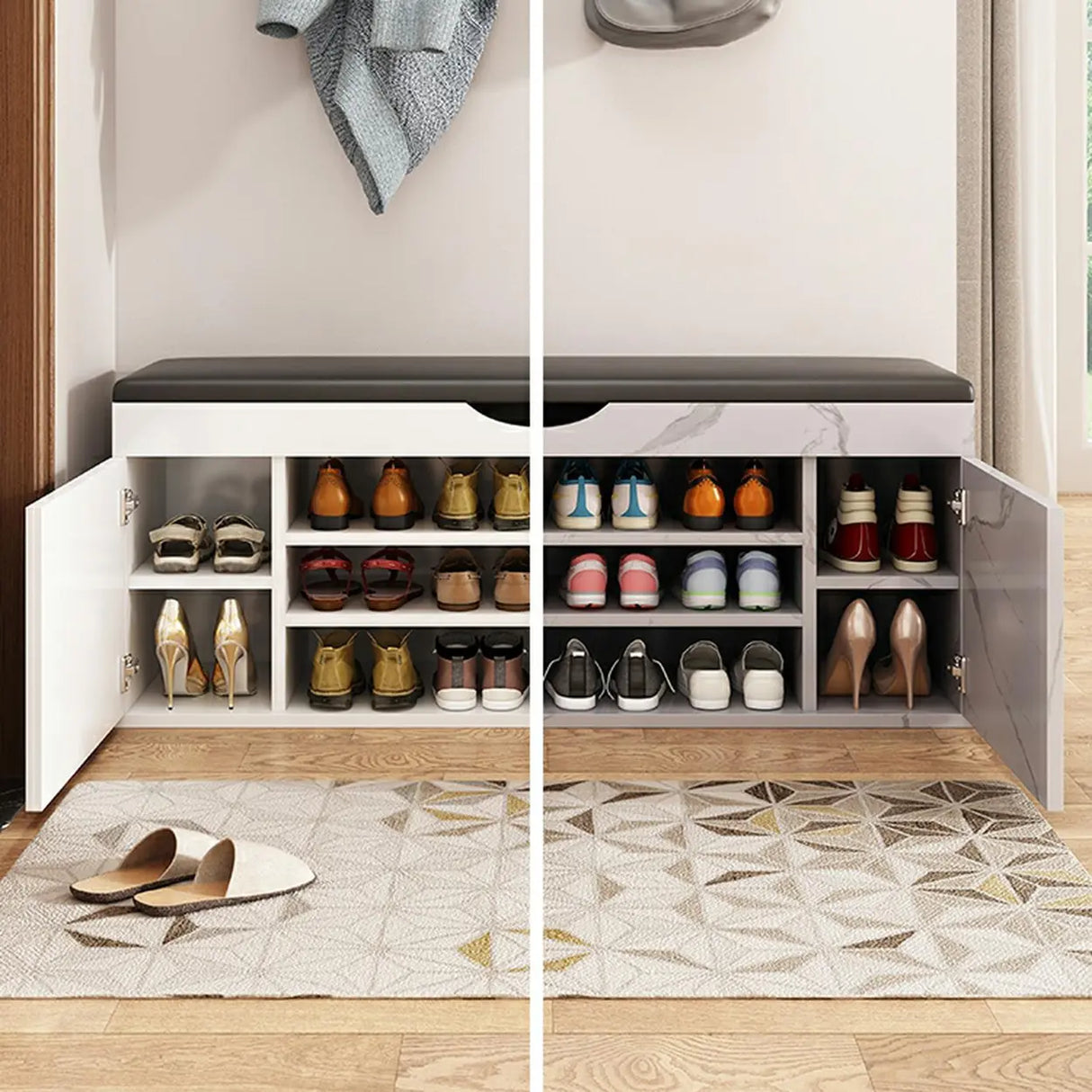 Stylish Adjustable Marble Hallway White Shoe Storage Bench Image - 3